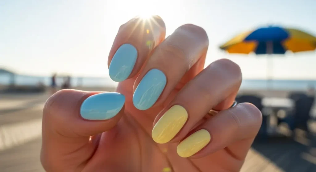 Baby Blue + Butter Yellow Glossy Gel Nail Designs for Summer