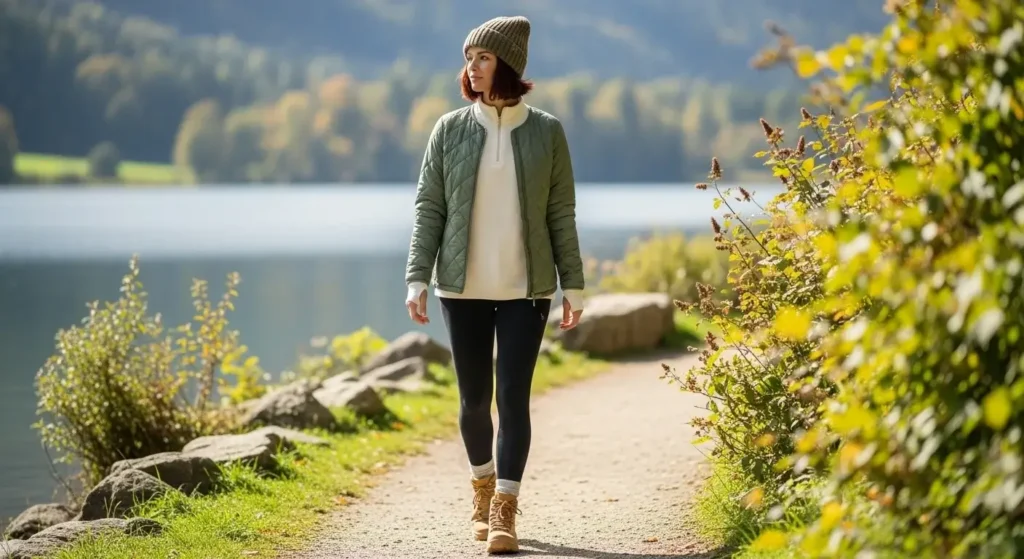 Quilted Jacket + Thermal Long Sleeve + Black Leggings Trendy Fall Outfits