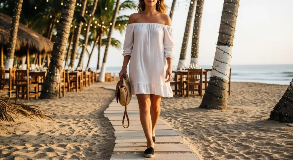 Off-the-Shoulder Dress + Straw Accessories Wear in Mexico