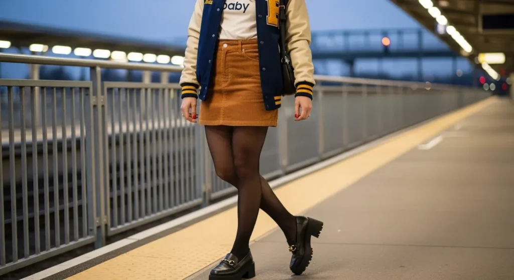 Varsity Jacket + Corduroy Mini Skirt Fall Outfits with Skirts