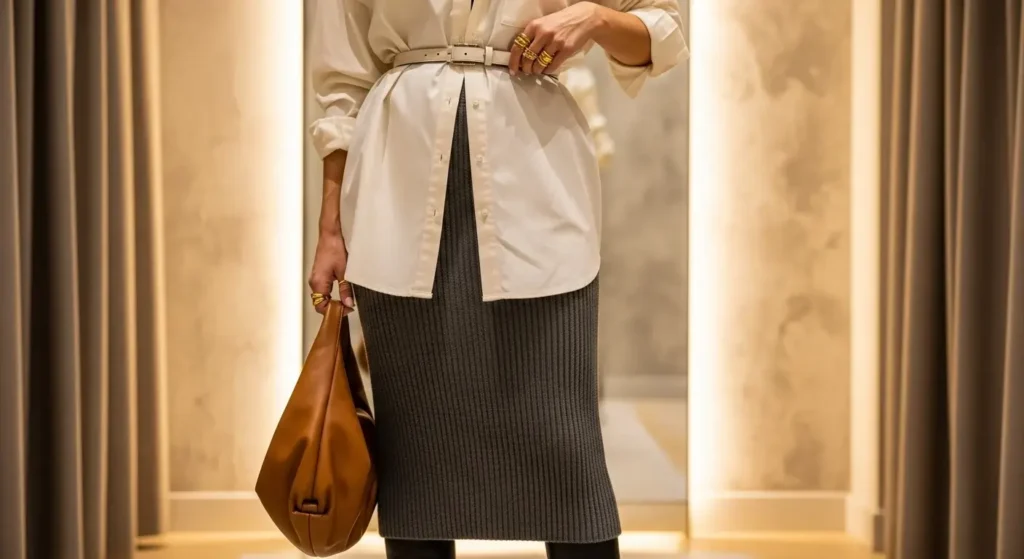 Oversized Button-Up + Knit Pencil Skirt Fall Outfits with Skirts