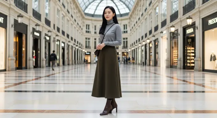 Cashmere Turtleneck + Wool Midi Skirt + Heeled Ankle Boots Chic Winter Outfits