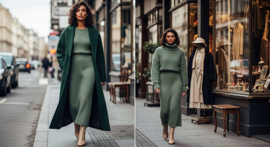 Maxi Wool Coat + Fitted Knit Set + Ankle Boots Warm Fall Outfits
