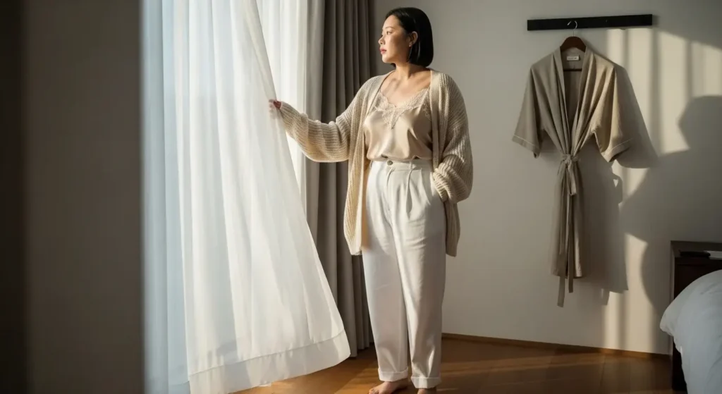 White Linen Pants + Silk Camisole + Chunky Cardigan Linen Pants Outfit Ideas