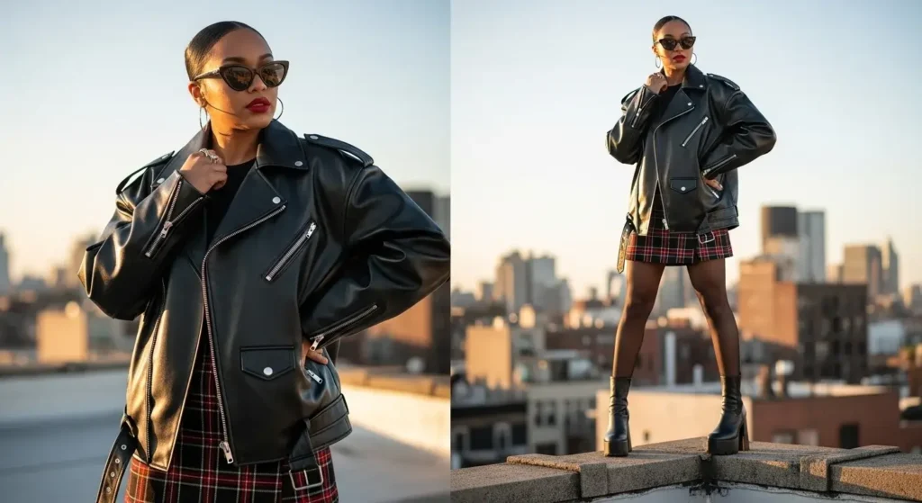Oversized Leather Jacket + Mini Skirt + Tights Edgy Fall Outfits