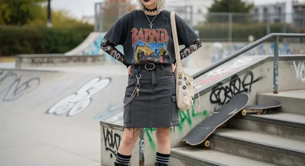 Layered Baggy Tee + Long Sleeve Mesh Top + Combat Boots Trendy Baggy T-Shirt Outfits for Women
