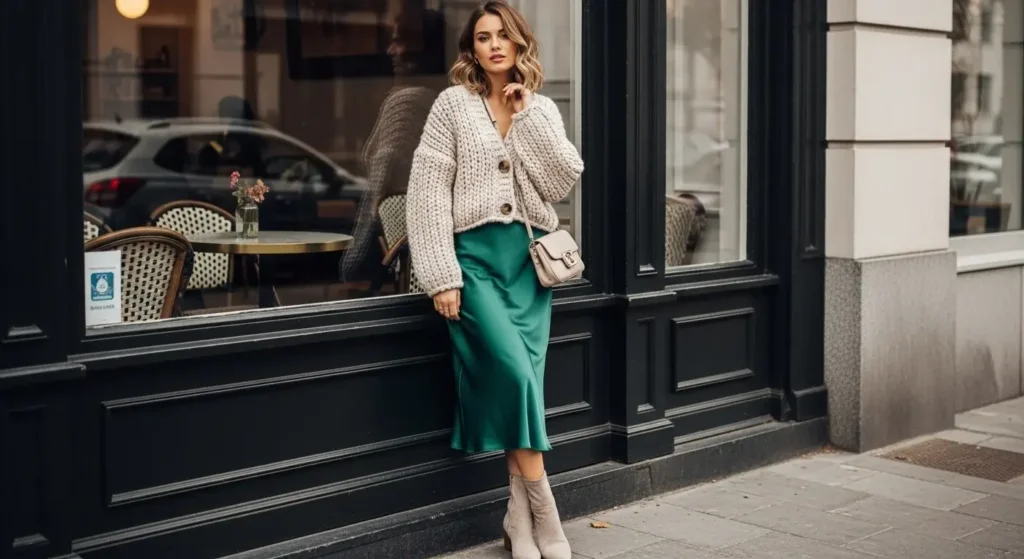 Chunky Knit Cardigan + Satin Slip Skirt + Boots Shein Fall Outfits