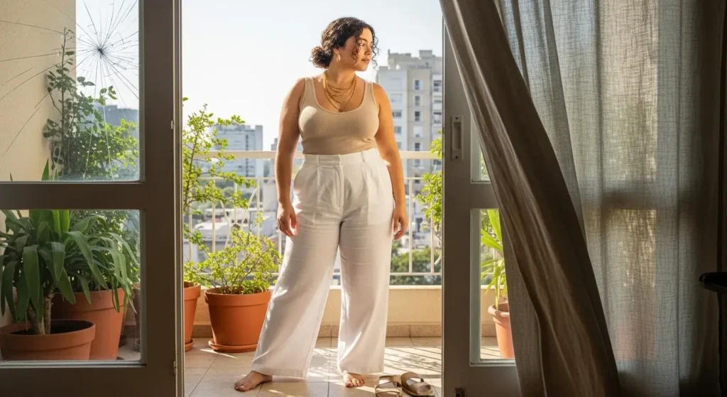 White Wide-Leg Linen Pants + Ribbed Tank + Layered Chains Linen Pants Outfit Ideas