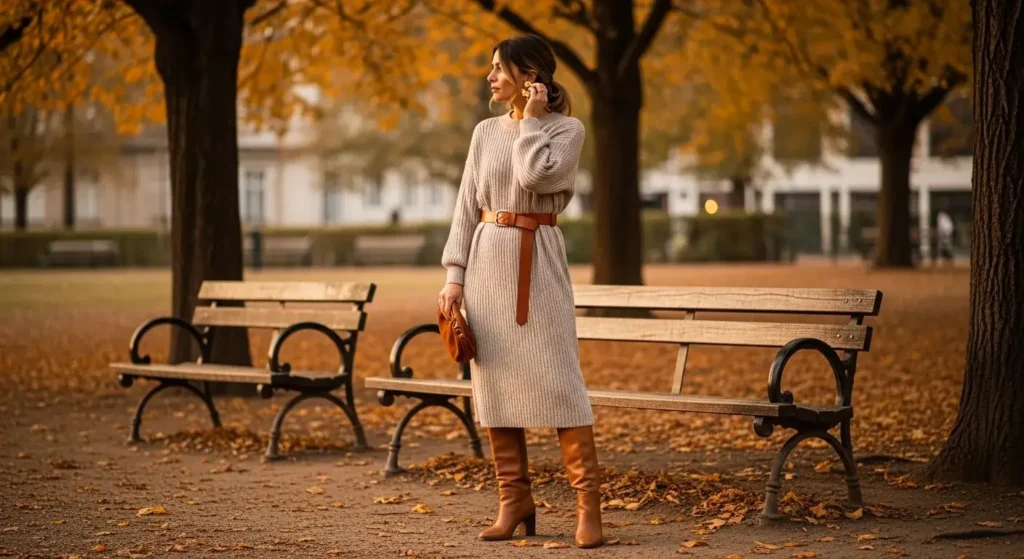 Slouchy Knit Dress + Knee-High Boots Trending Fall Outfits