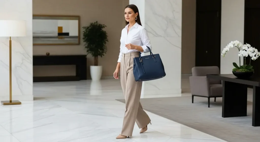 Navy Pebbled Leather Tote Old Money Handbags