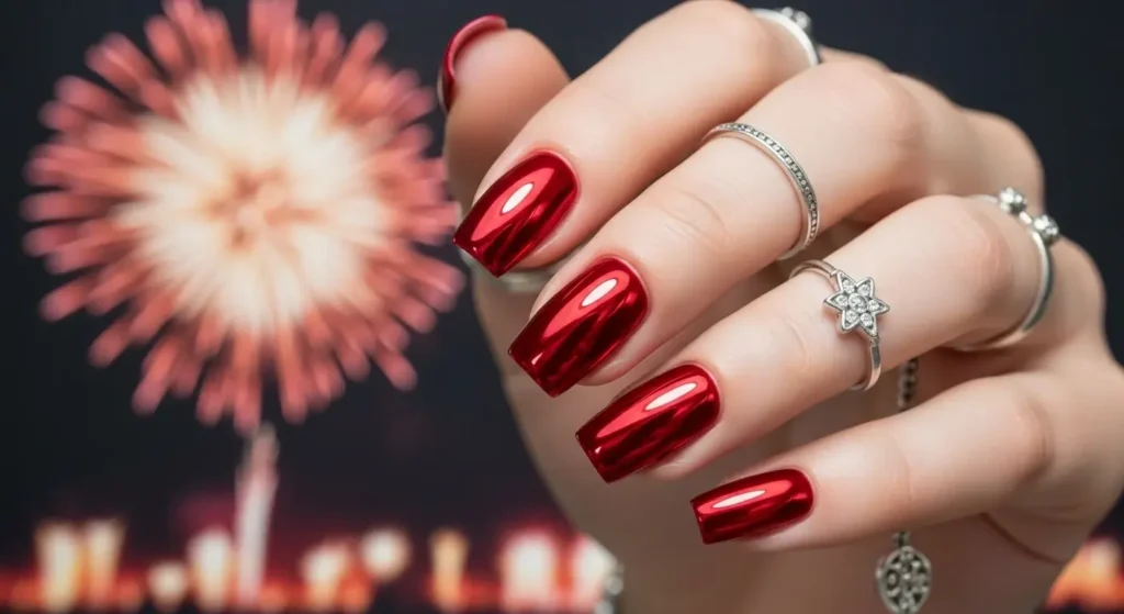 Short Square Red Chrome Nails July Nails Ideas