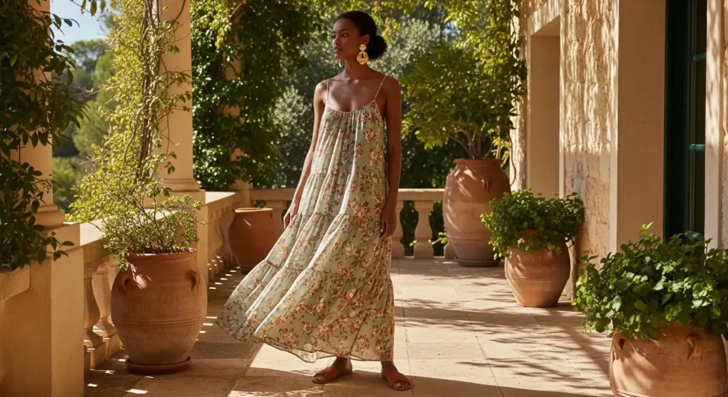 Tiered Maxi Dress + Statement Earrings Perfect Dress Outfits That Prove Florals Are Still Summer