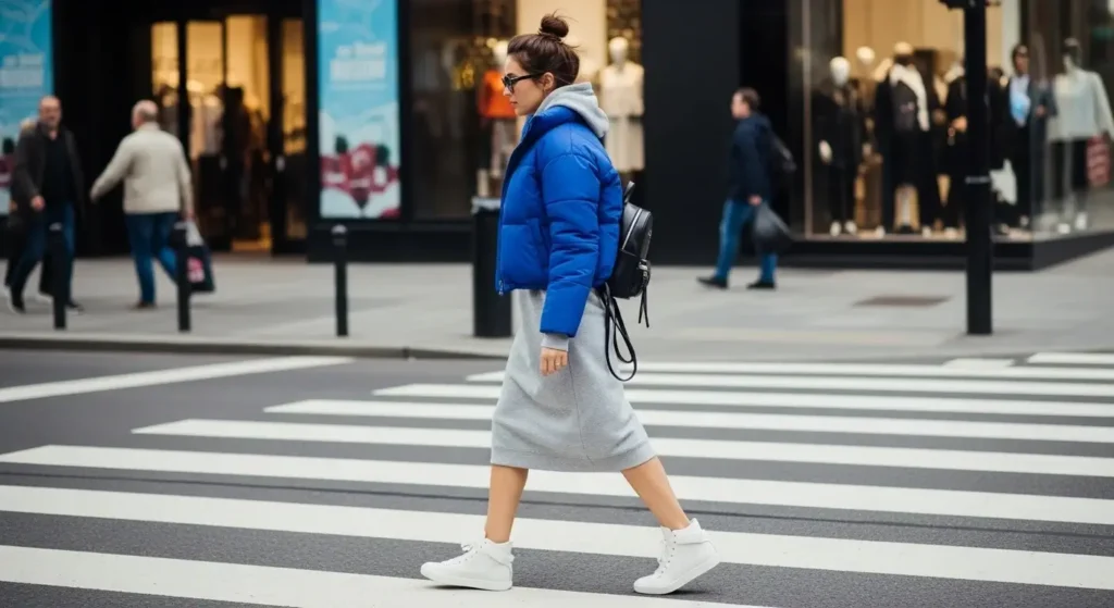 Cropped Puffer Jacket + Hoodie Dress + High-Top Sneakers Trendy Fall Outfits