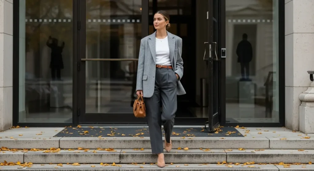 Relaxed Blazer + Baby Tee + Straight-Leg Pants 90s-Inspired Fall Outfits
