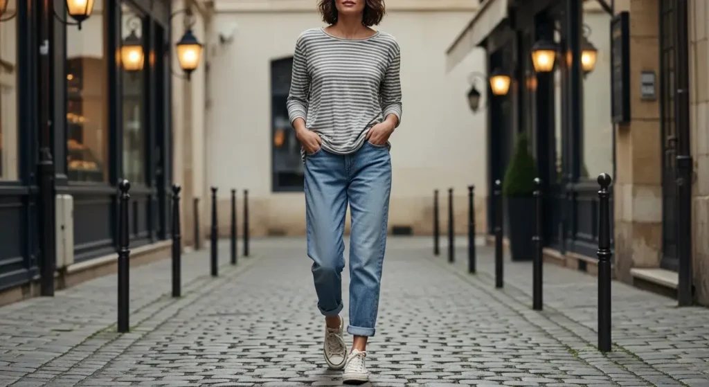 Striped Long Sleeve Tee + Slouchy Jeans + Canvas Sneakers Casual Fall Outfits
