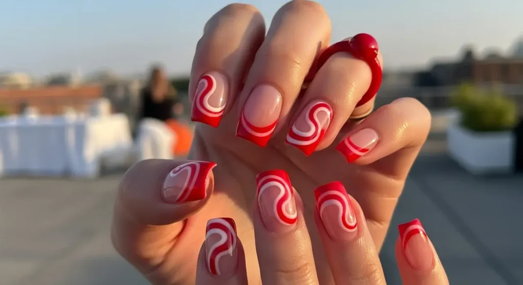 Red Swirl Frenchies July Nails Ideas