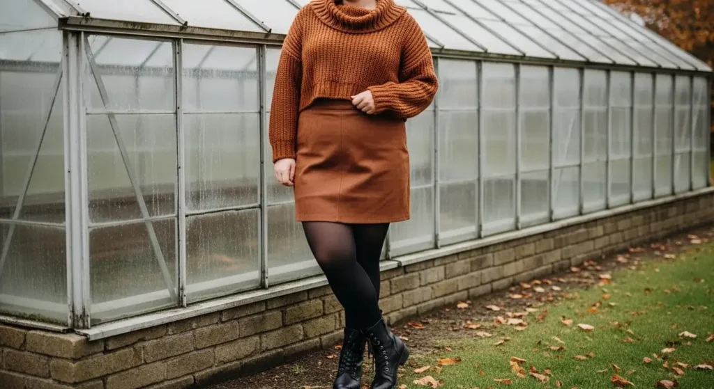 Chunky Knit Sweater + Faux Suede Mini + Tights Plus Size Fall Outfits