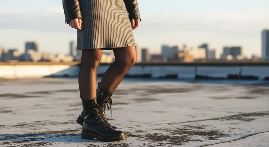 Leather Jacket + Knit Dress + Combat Boots Fall Outfits with Boots