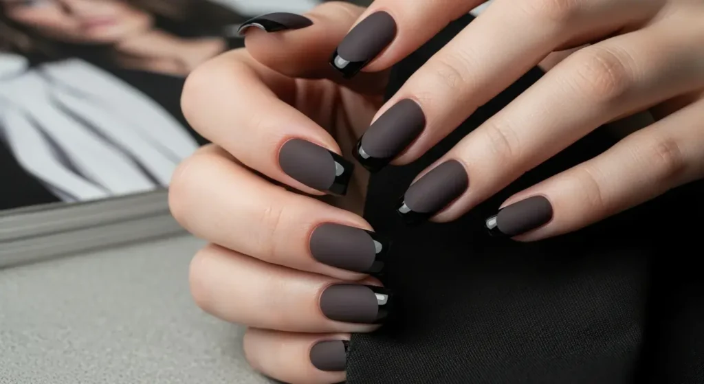 Matte Charcoal with Glossy Tips Grey Nail Designs