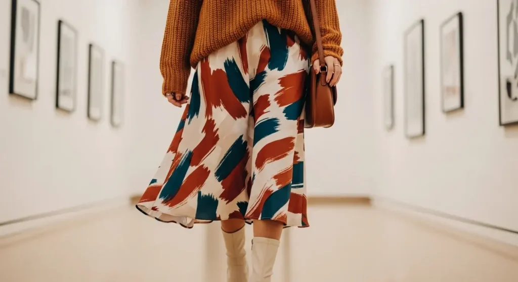 Slouchy Knit + Printed Midi Skirt Fall Outfits with Skirts
