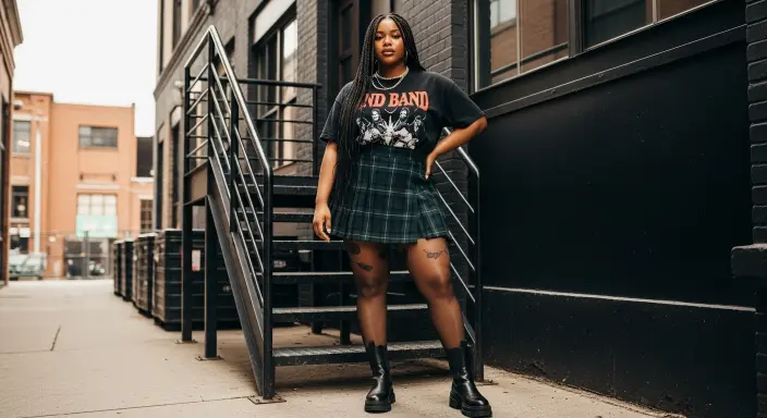  Graphic Band Tee + Plaid Mini Skirt + Chunky Boots Grunge Fall Outfits