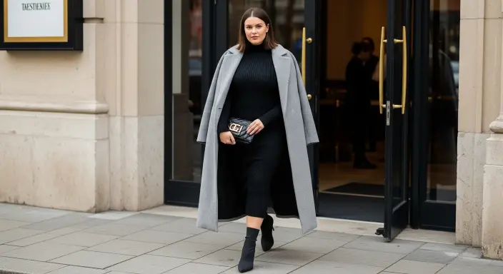 Turtleneck Dress + Long Coat + Sock Boots Chic Winter Outfits