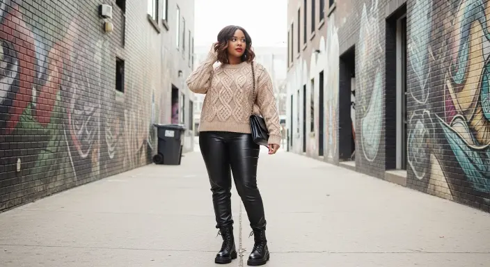 Cable Knit Sweater + Leather Pants + Combat Boots Adorable Winter Outfits