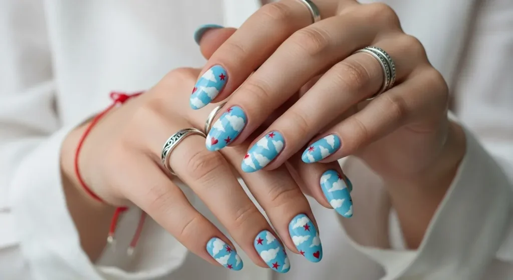 Cloudy Sky + Red Accents July Nails Ideas