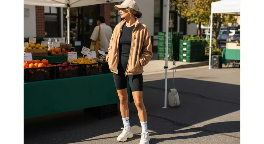 Zip-Up Fleece Jacket + Bike Shorts + Crew Socks Casual Fall Outfits