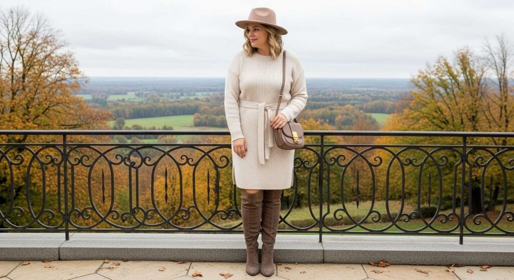 Sweater Dress with Knee-High Boots Mid-Size Fall Outfits