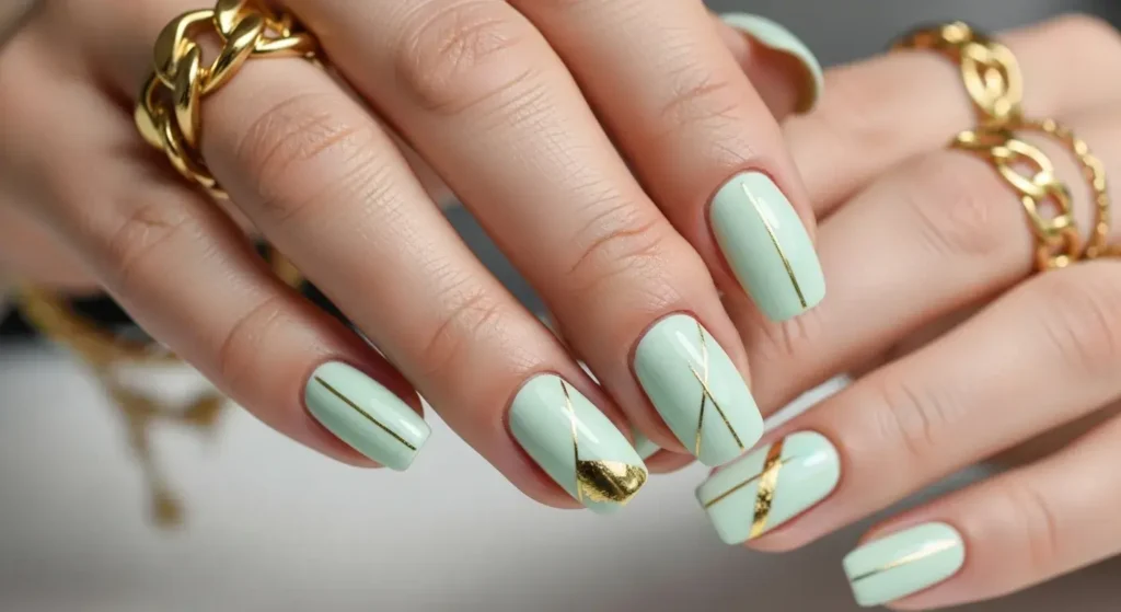 Mint and Gold Minimalist Lines End of Summer Nails Ideas