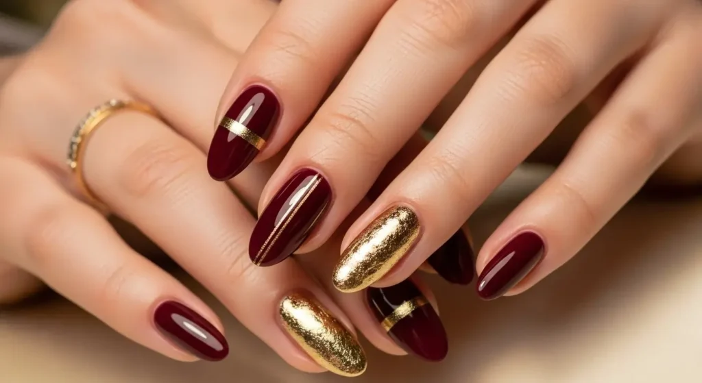 Gilded Burgundy Accents Chic Burgundy Nails