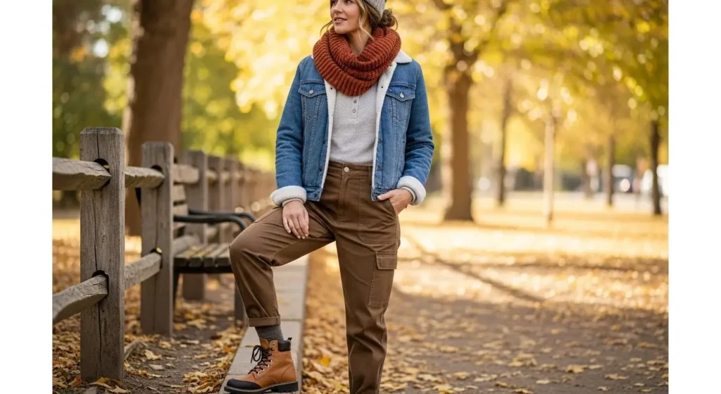 Sherpa-Lined Denim Jacket + Thermal Tee + Cargo Pants Cozy Fall Outfits