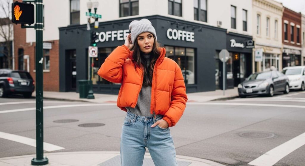 Cropped Puffer Jacket + Mom Jeans + Beanie Fall Outfits for Teens