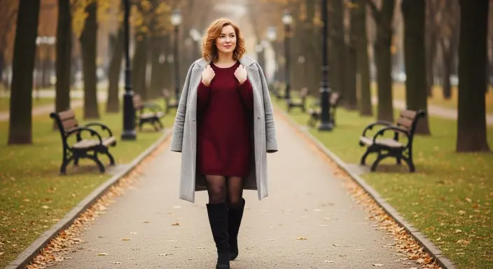 Casual Sweater Dress + Thick Tights + Flat Boots Casual Winter Outfit Ideas