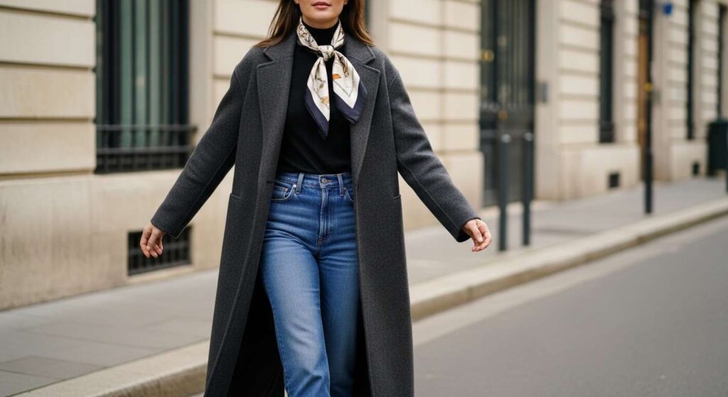 Long Wool Coat + Silk Scarf + Denim 