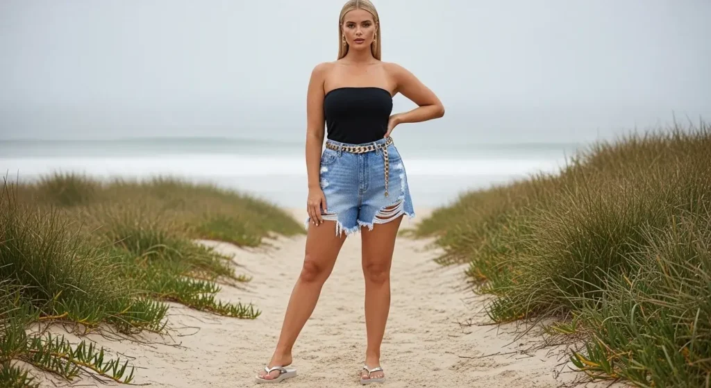 Distressed Denim Cutoffs + Tube Top Trendy Summer Shorts