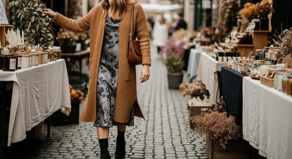 Longline Cardigan + Slip Skirt + Sock Booties 90s-Inspired Fall Outfits