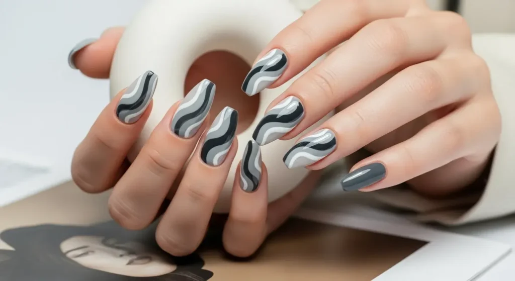 Abstract Grey Swirl Nails Grey Nail Designs
