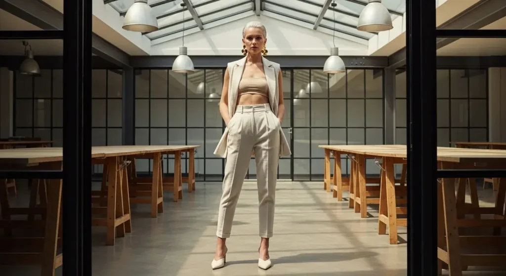 Cream Linen Peg Pants + Sleeveless Blazer + Sculptural Earrings Linen Pants Outfit Ideas