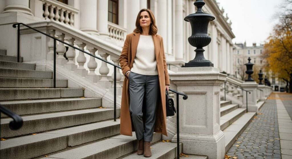 Wool Coat with Cashmere Sweater and Tailored Trousers Classy Fall Outfits