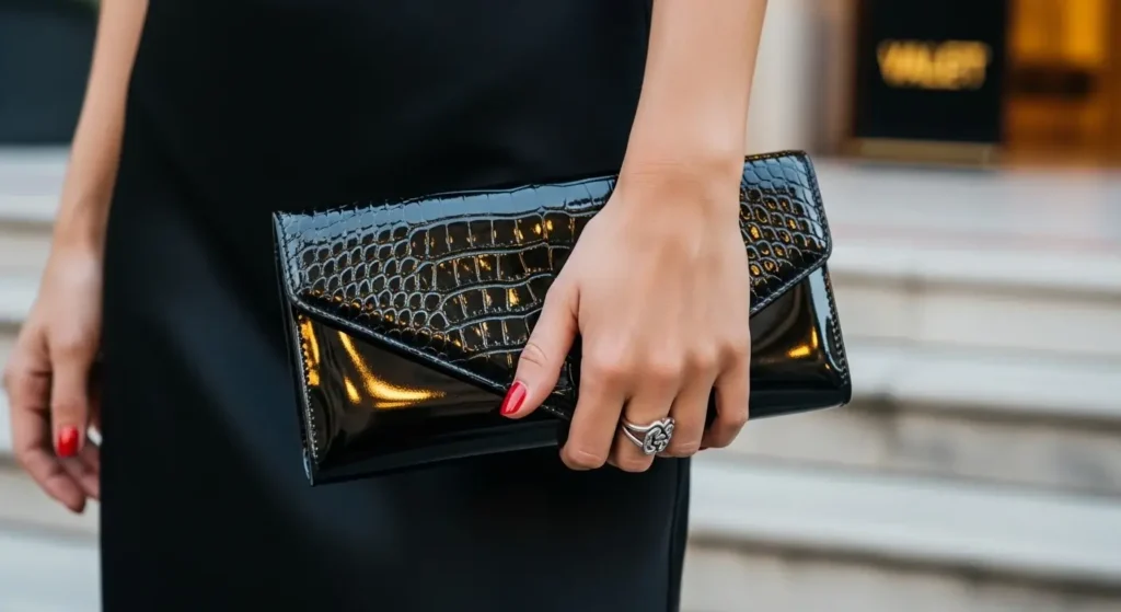 Black Patent Croc Clutch (No Logo, All Attitude) Old Money Handbags