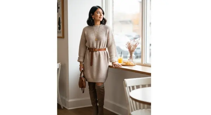 Belted Sweater Dress + Knee-High Boots Chic Winter Outfits