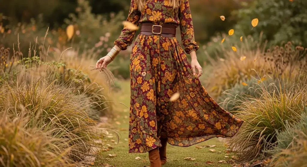 Long Sleeve Maxi Dress + Ankle Boots + Wide Belt Trending Fall Outfits