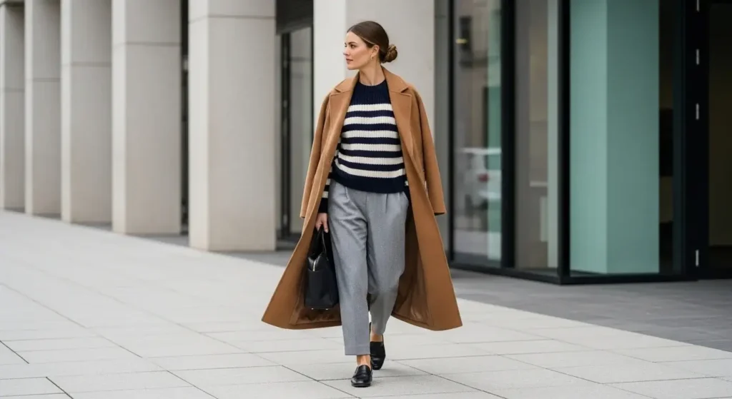 Longline Wool Coat + Striped Knit Sweater + Relaxed Trousers Trendy Fall Outfits