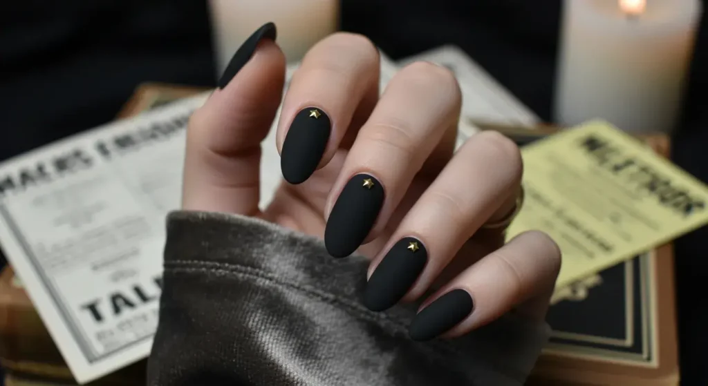 Matte Black with Gold Studs Back to School Nails