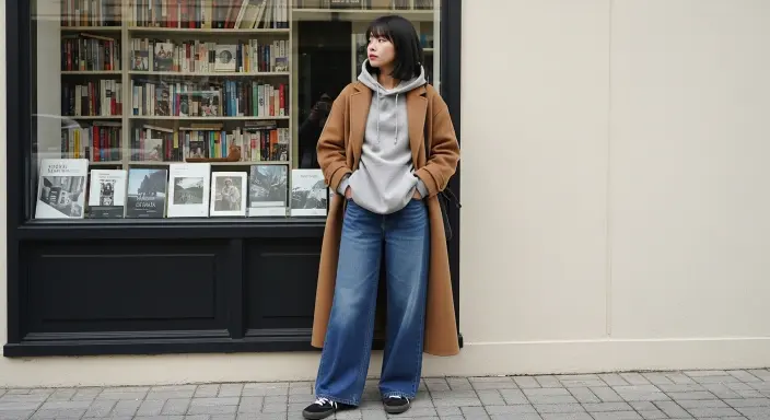 Hoodie + Long Wool Coat + Wide-Leg Jeans Casual Winter Outfit Ideas
