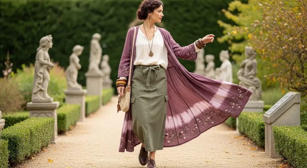 Duster Coat + Gauzy Blouse + Utility Maxi Skirt Boho Fall Outfits