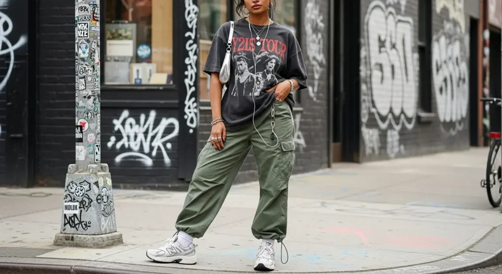 Baggy Tee + Cargo Pants + Chunky Sneakers Trendy Baggy T-Shirt Outfits for Women