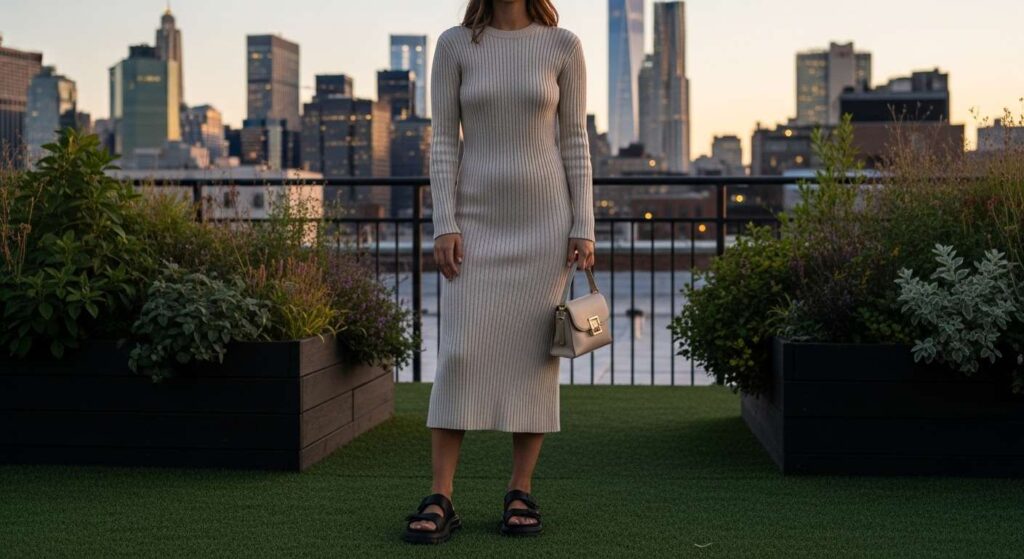 Ribbed Knit Dress + Chunky Sandals New York Summer Outfit Ideas
